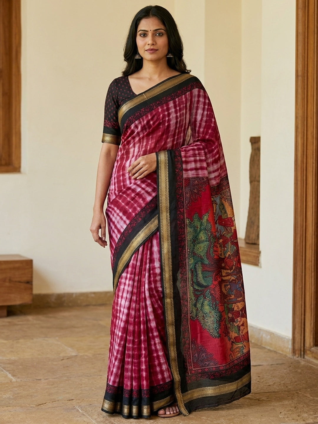 Peachmode Wine Tie Dye Printed Mul Cotton Saree - Image 1