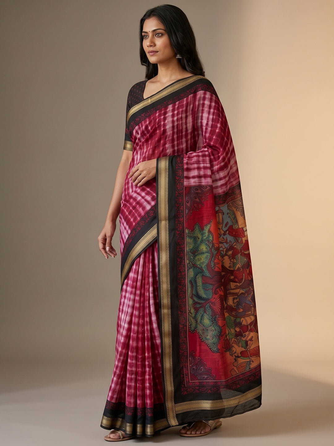 Peachmode Wine Tie Dye Printed Mul Cotton Saree - Image 4