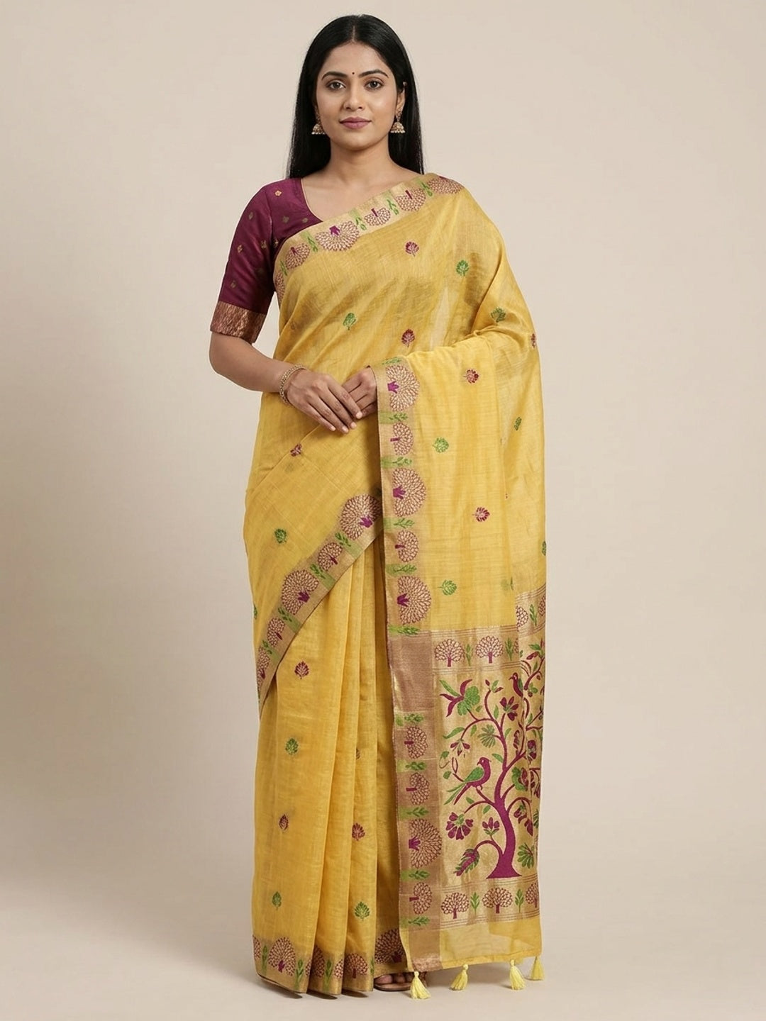 Peachmode Yellow Woven Soft Chanderi Silk Saree - Image 1