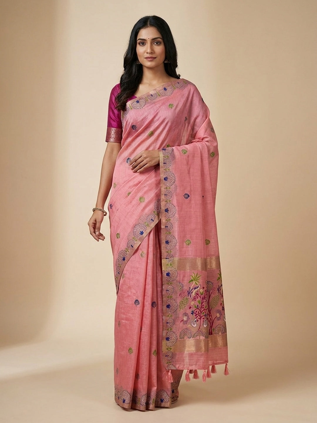 Peachmode Pink Woven Soft Chanderi Silk Saree - Image 1