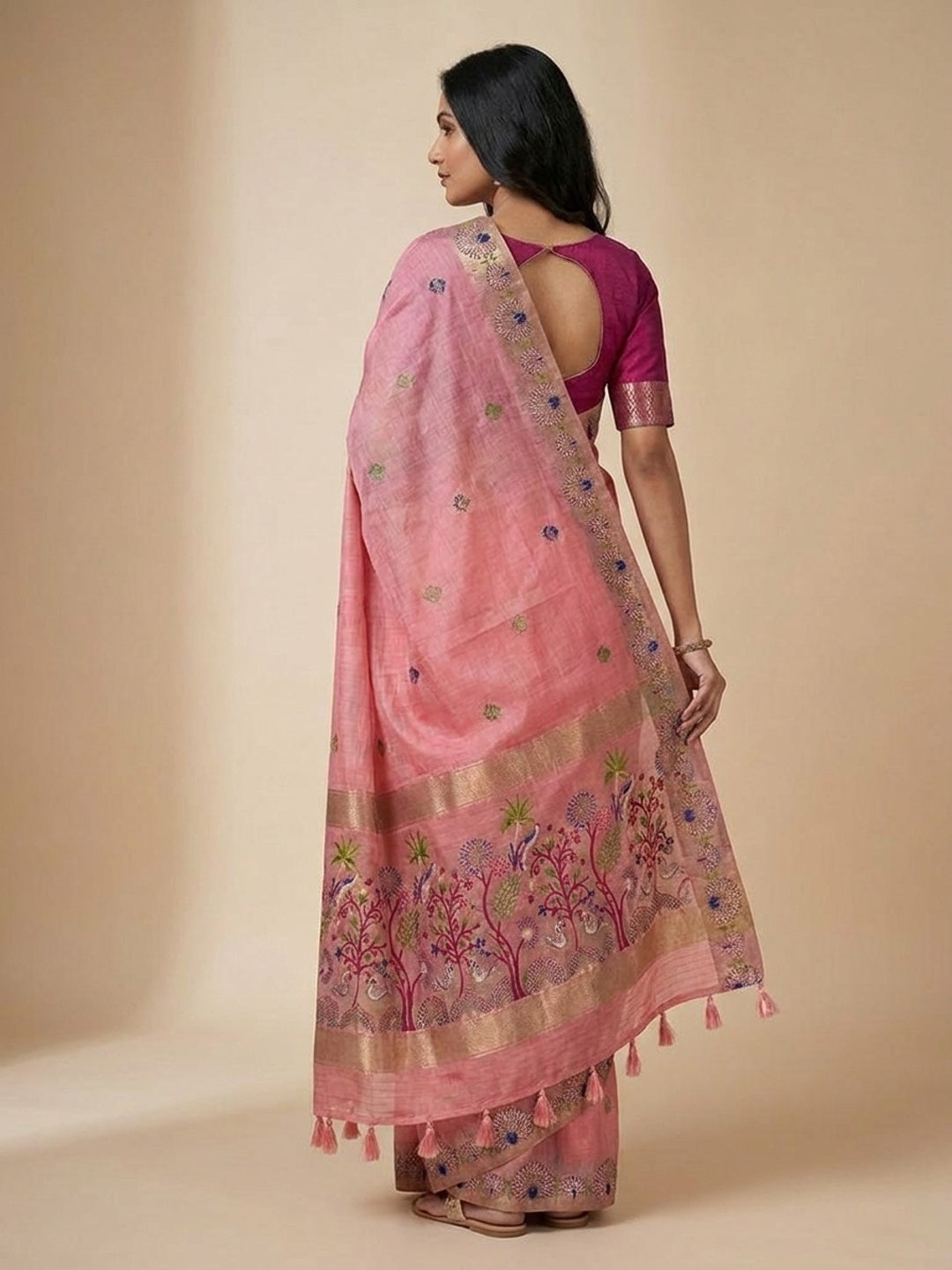 Peachmode Pink Woven Soft Chanderi Silk Saree - Image 5