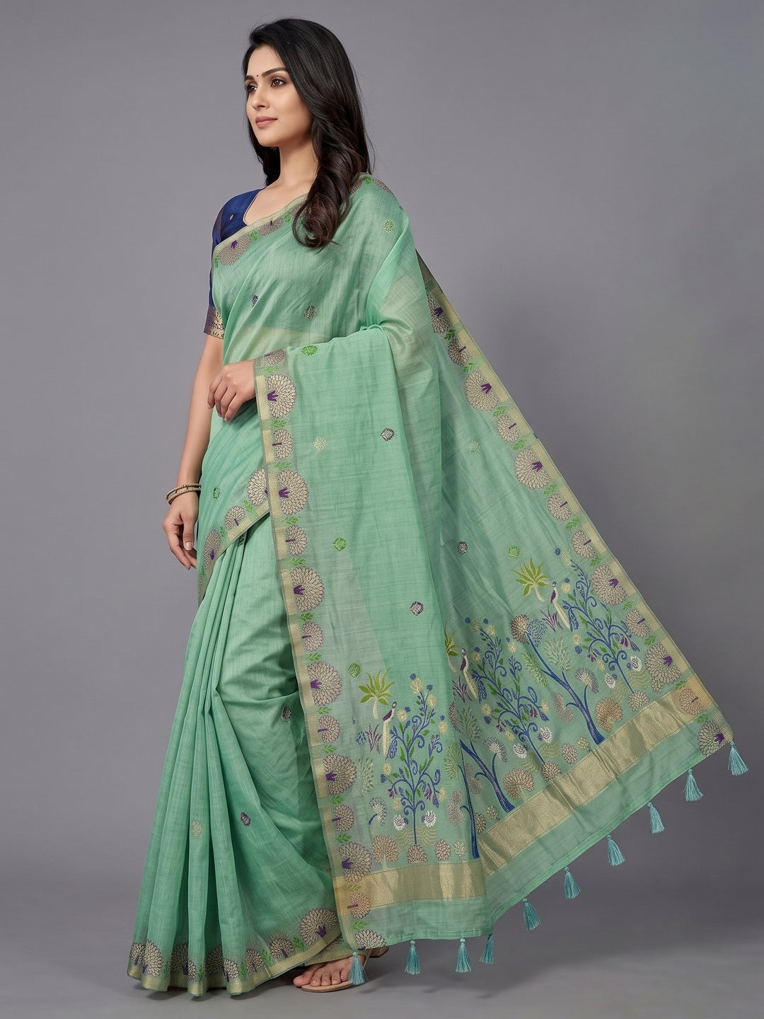 Peachmode Mint Green Woven Soft Chanderi Silk Saree - Image 4
