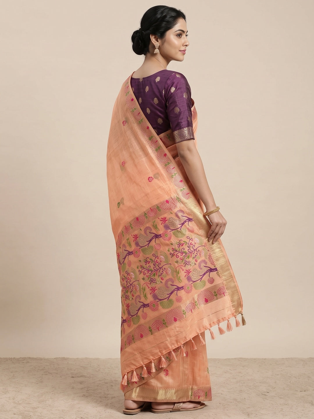 Peachmode Peach Woven Soft Chanderi Silk Saree - Image 4