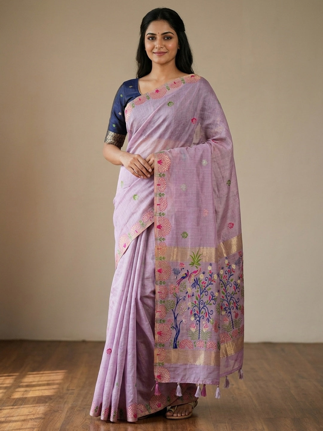 Peachmode Lavender Woven Soft Chanderi Silk Saree - Image 1
