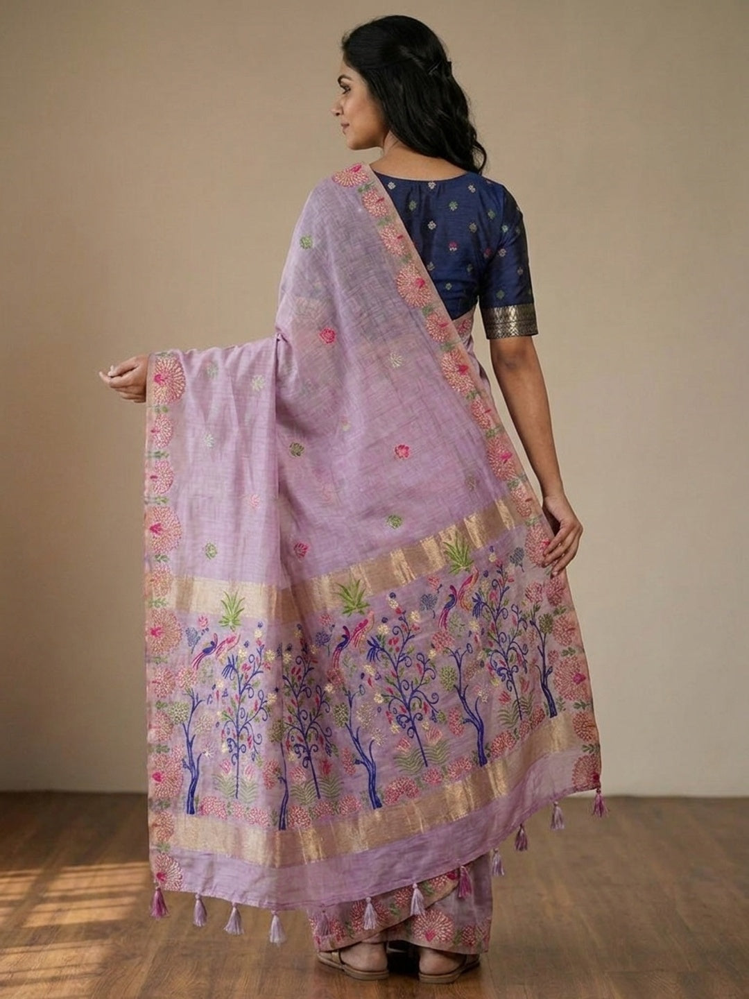 Peachmode Lavender Woven Soft Chanderi Silk Saree - Image 5
