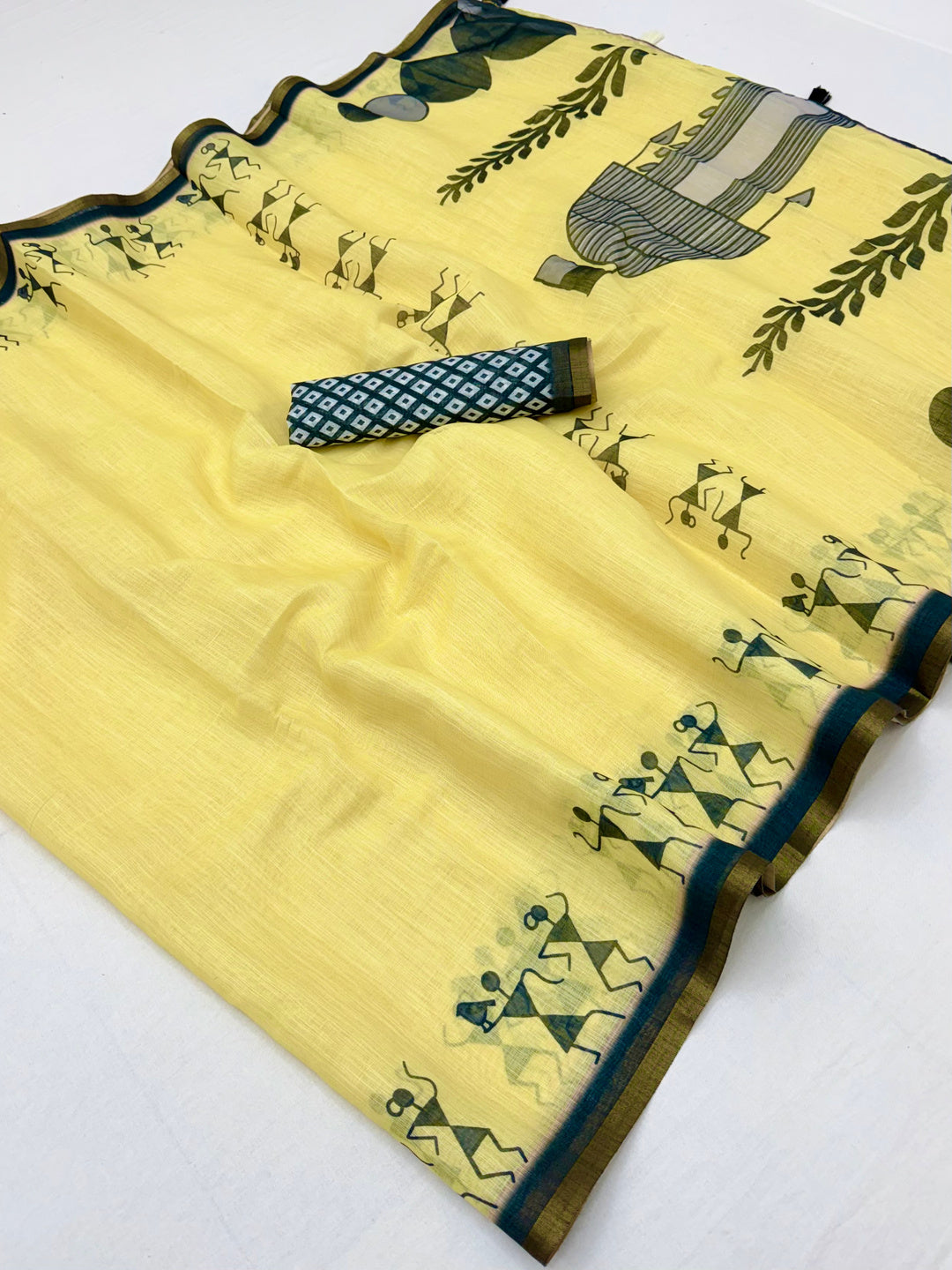Peachmode Yellow Linen Striped Saree - Image 1