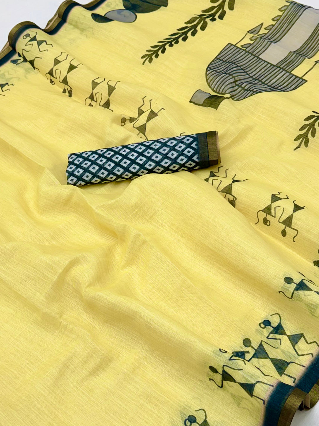 Peachmode Yellow Linen Striped Saree - Image 3