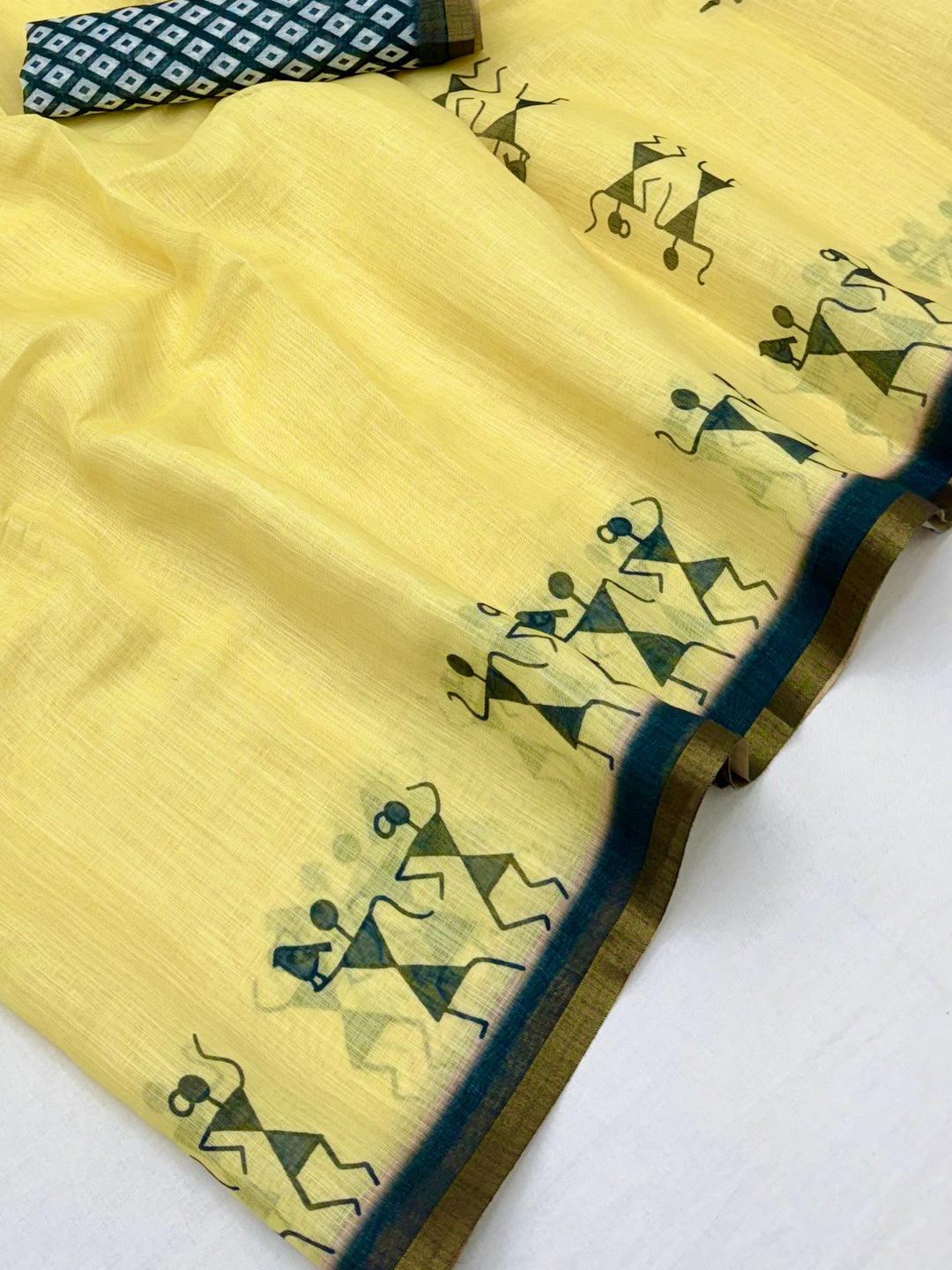 Peachmode Yellow Linen Striped Saree - Image 5