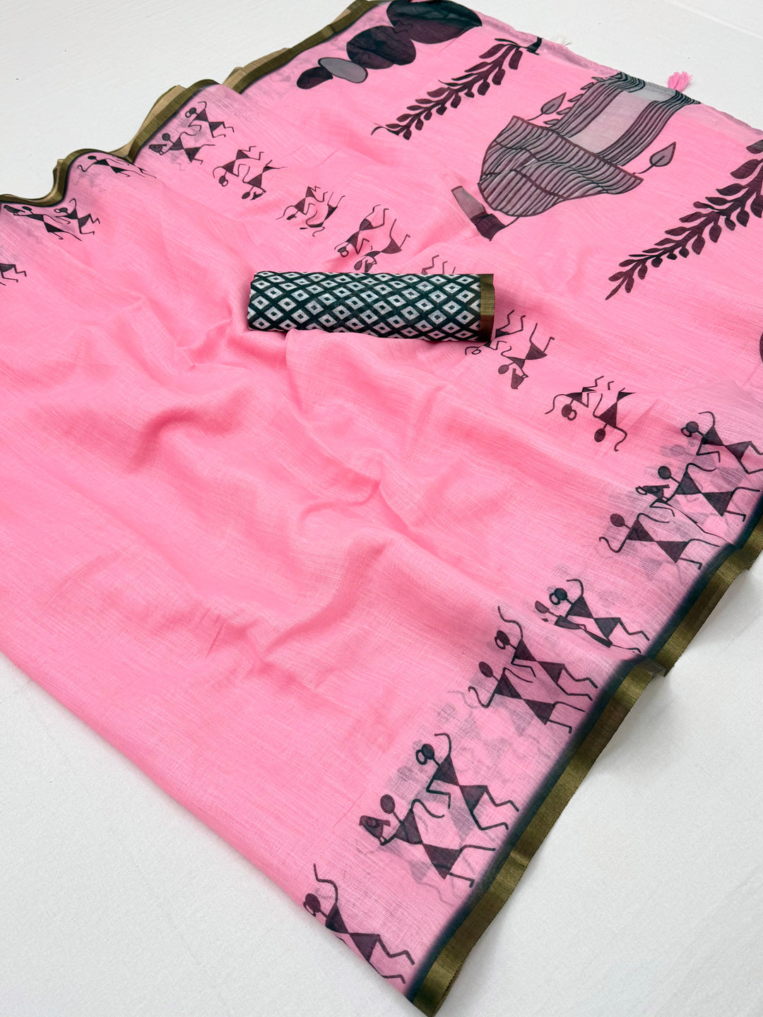 Peachmode Pink Linen Striped Saree - Image 1