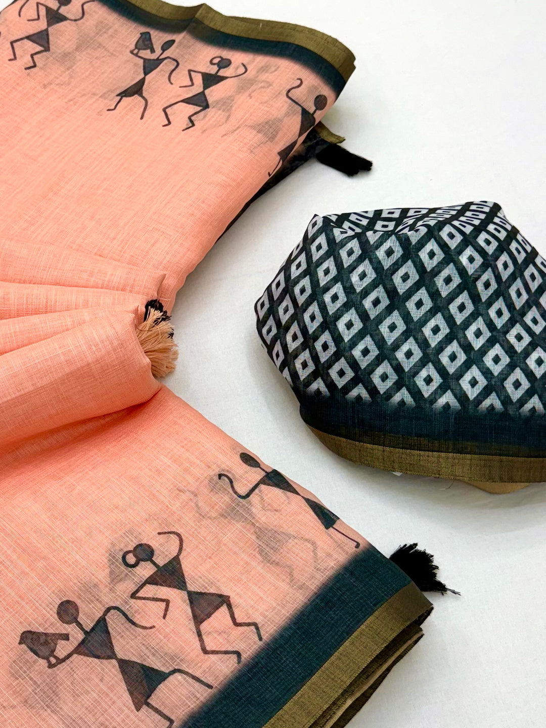 Peachmode Peach Linen Striped Saree - Image 6