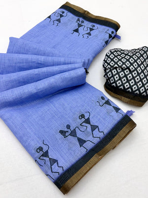Peachmode Blue Linen Striped Saree - Image 2