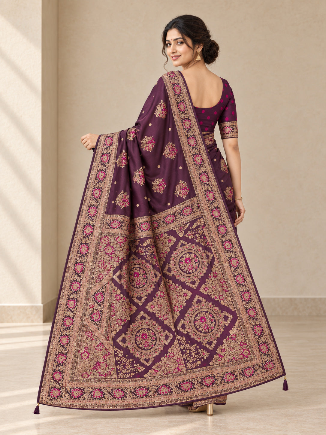 Peachmode Wine Art Silk Woven Saree - Image 4
