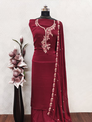 Peachmode Maroon Satin Floral Embroidered Unstitched Dress Material - Image 2