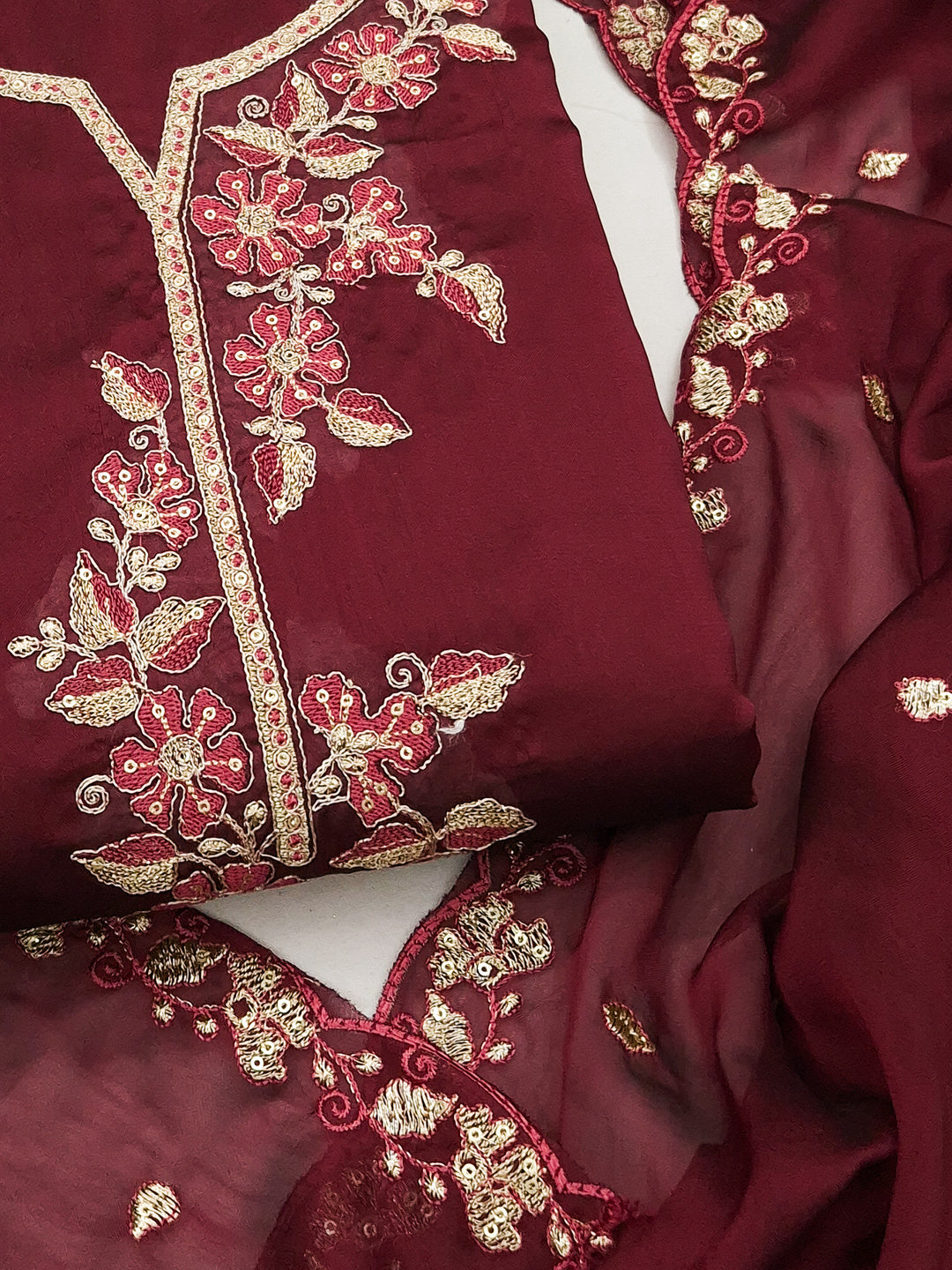 Peachmode Maroon Satin Floral Embroidered Unstitched Dress Material - Image 5