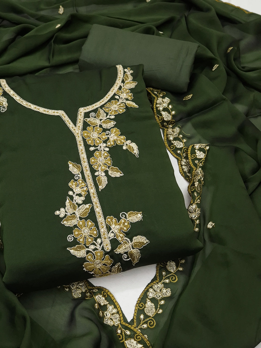 Peachmode Green Satin Floral Embroidered Unstitched Dress Material - Image 1