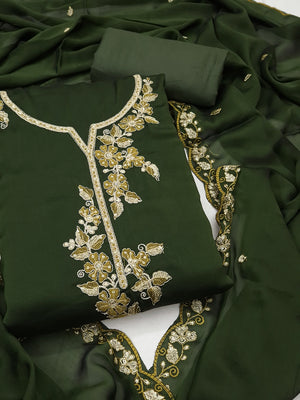 Peachmode Green Satin Floral Embroidered Unstitched Dress Material - Image 1