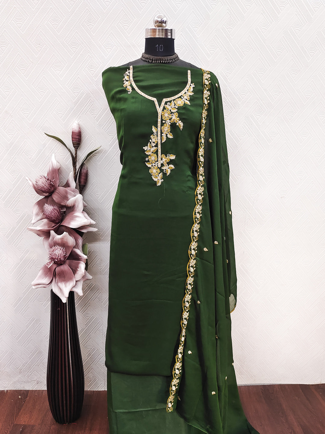 Peachmode Green Satin Floral Embroidered Unstitched Dress Material - Image 2