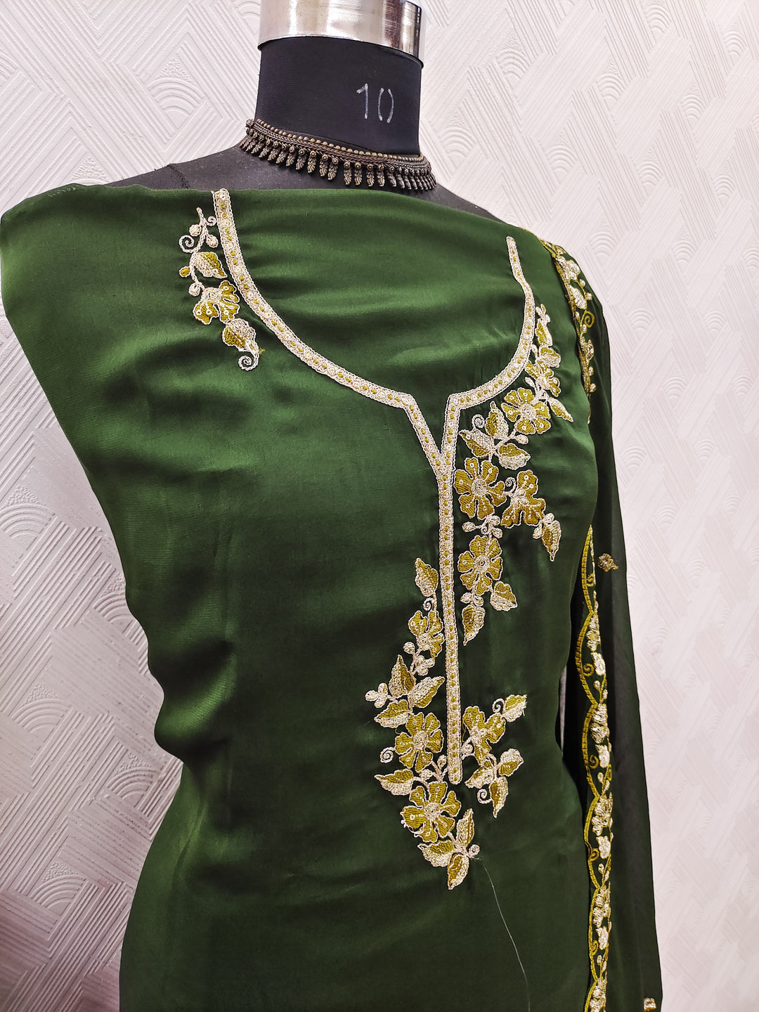 Peachmode Green Satin Floral Embroidered Unstitched Dress Material - Image 3