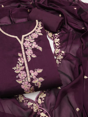 Peachmode Purple Satin Floral Embroidered Unstitched Dress Material - Image 1