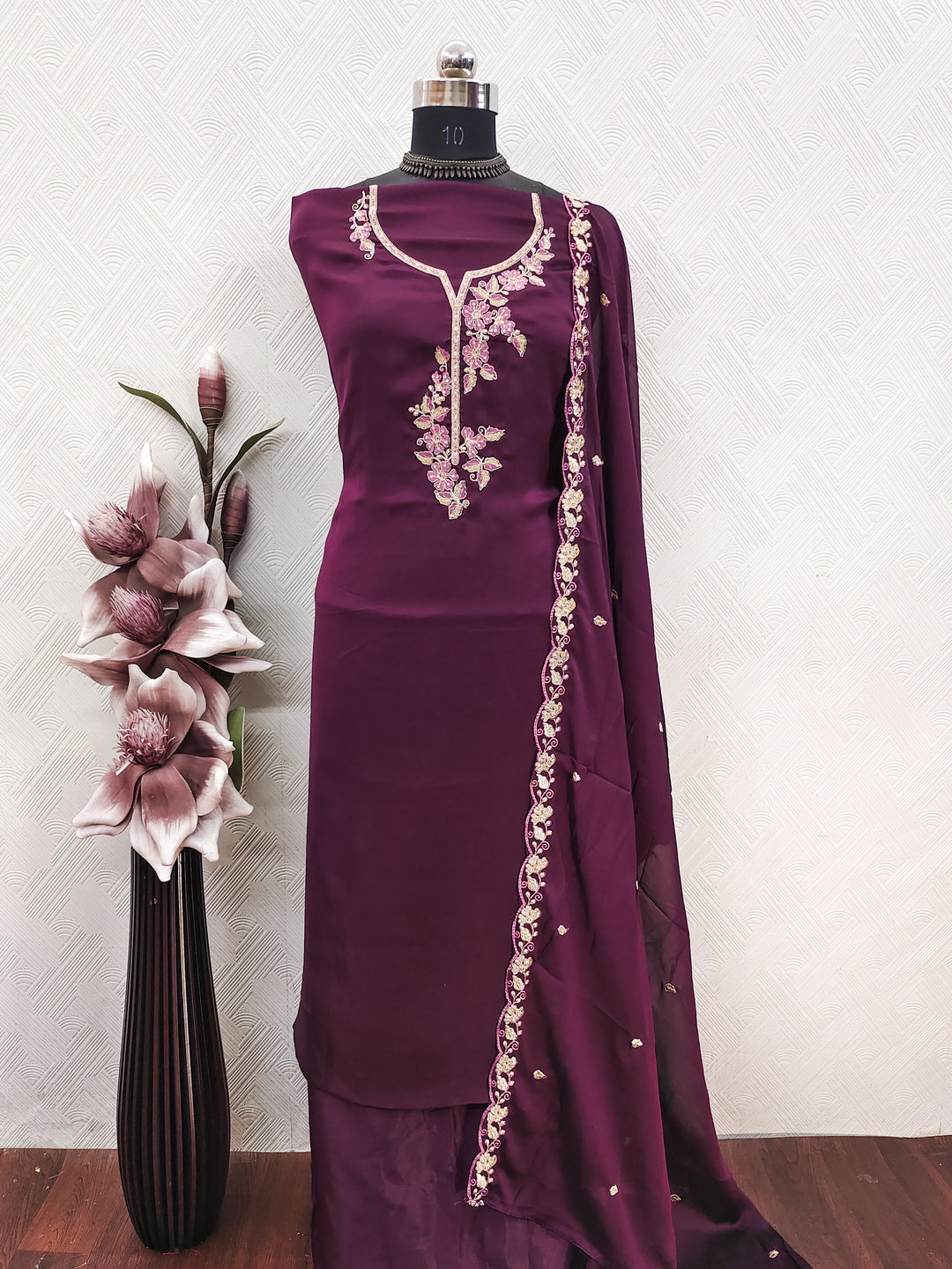 Peachmode Purple Satin Floral Embroidered Unstitched Dress Material - Image 2