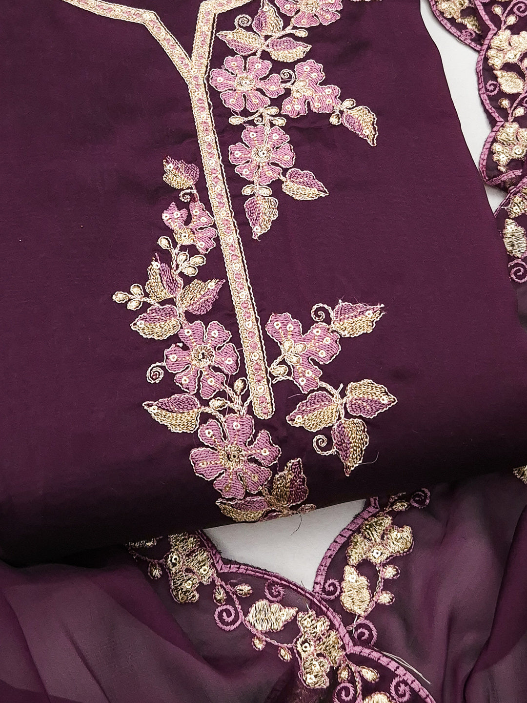 Peachmode Purple Satin Floral Embroidered Unstitched Dress Material - Image 5