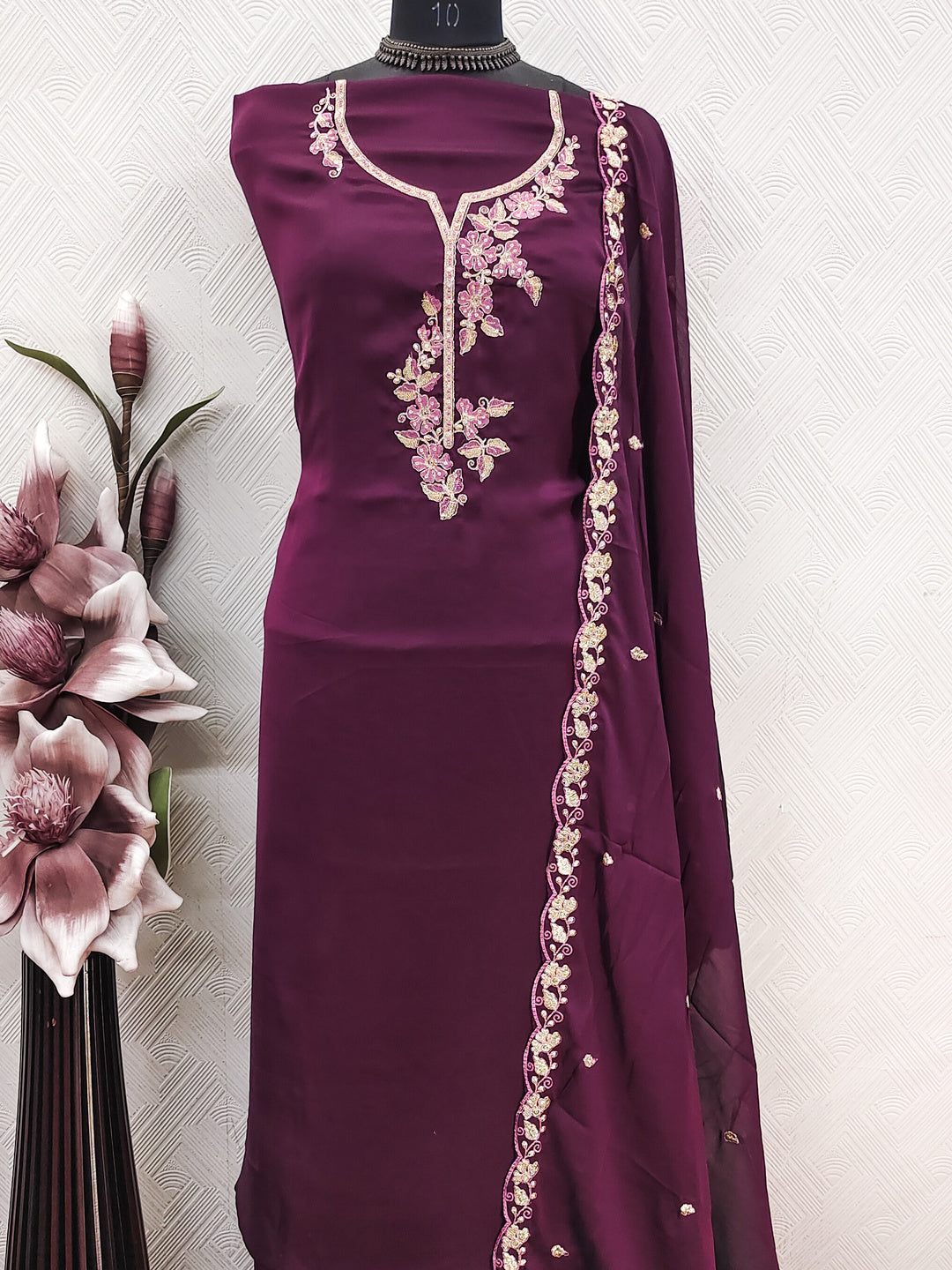 Peachmode Purple Satin Floral Embroidered Unstitched Dress Material - Image 6