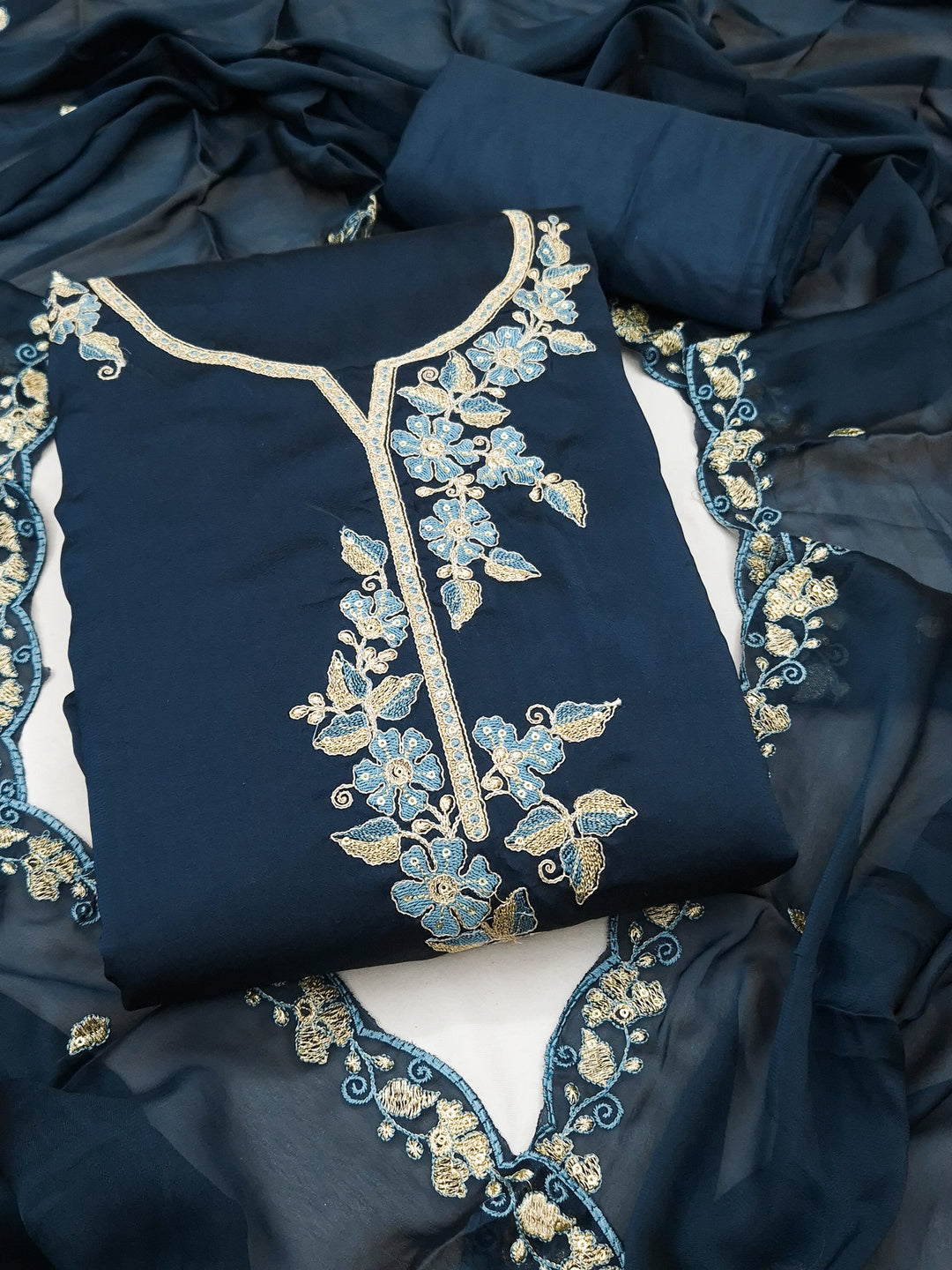 Peachmode Blue Satin Floral Embroidered Unstitched Dress Material - Image 1