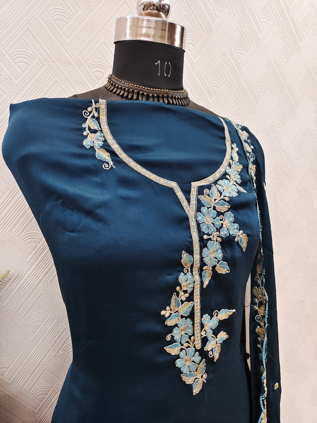 Peachmode Blue Satin Floral Embroidered Unstitched Dress Material - Image 3