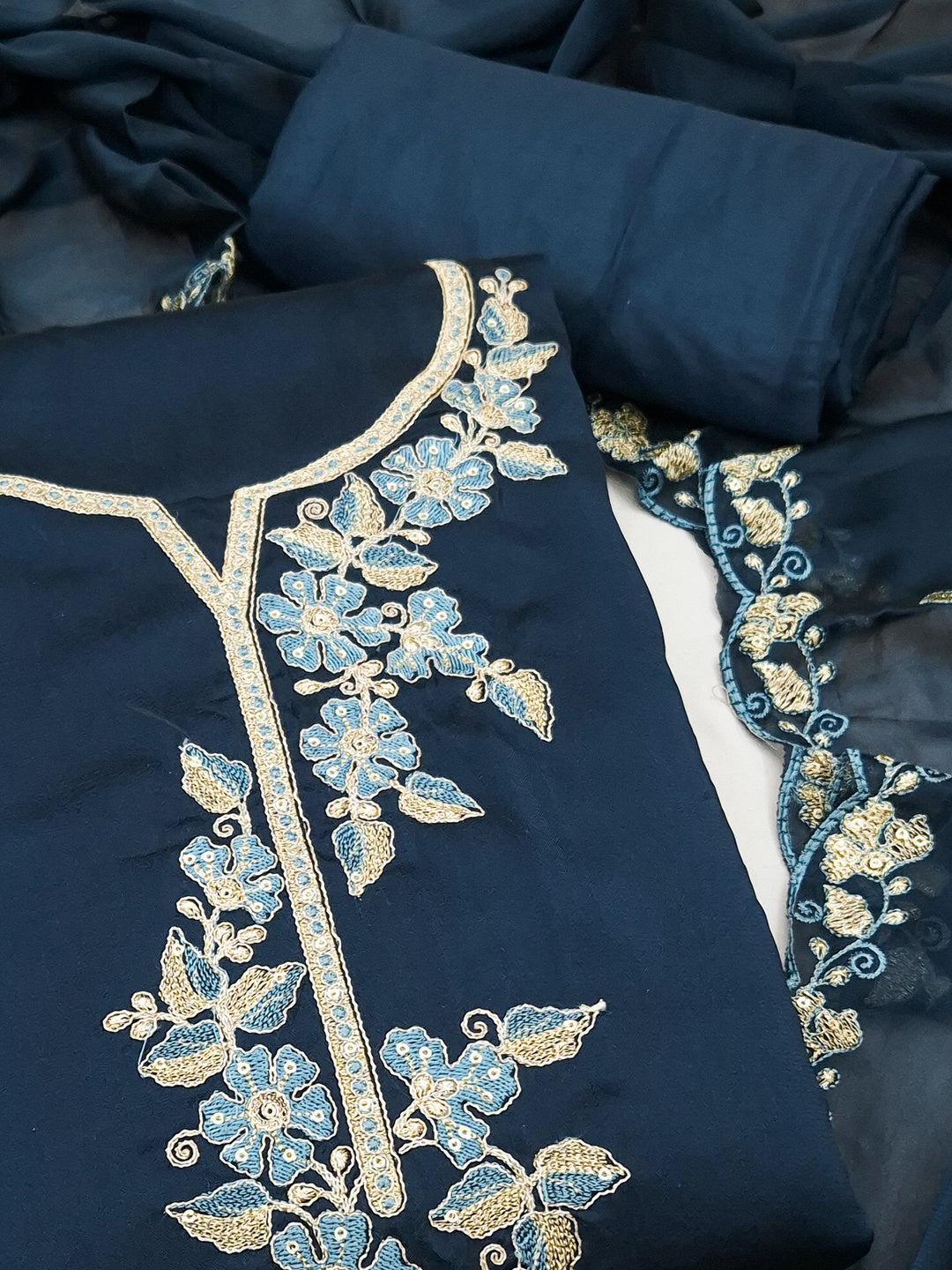 Peachmode Blue Satin Floral Embroidered Unstitched Dress Material - Image 4