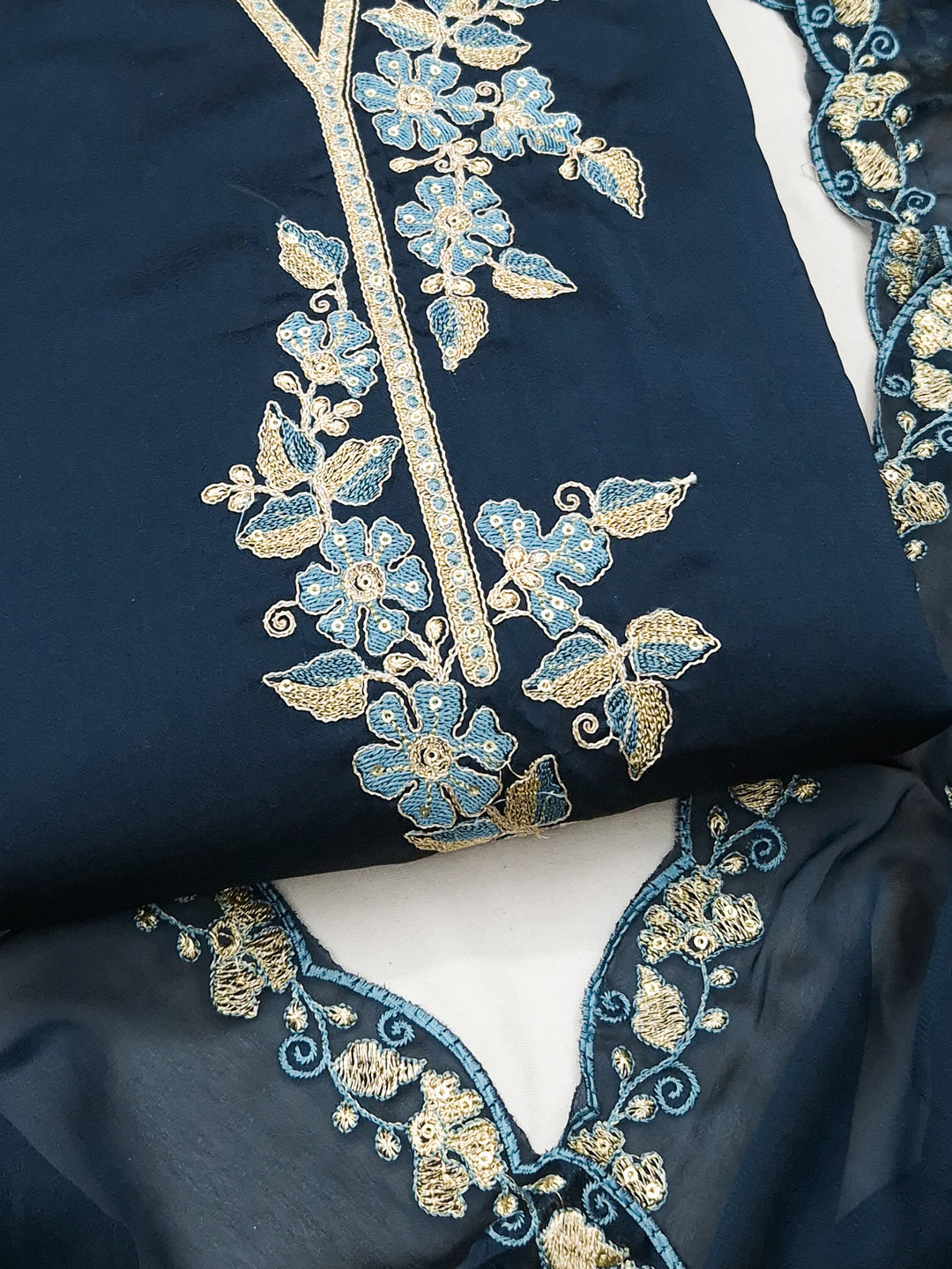 Peachmode Blue Satin Floral Embroidered Unstitched Dress Material - Image 5