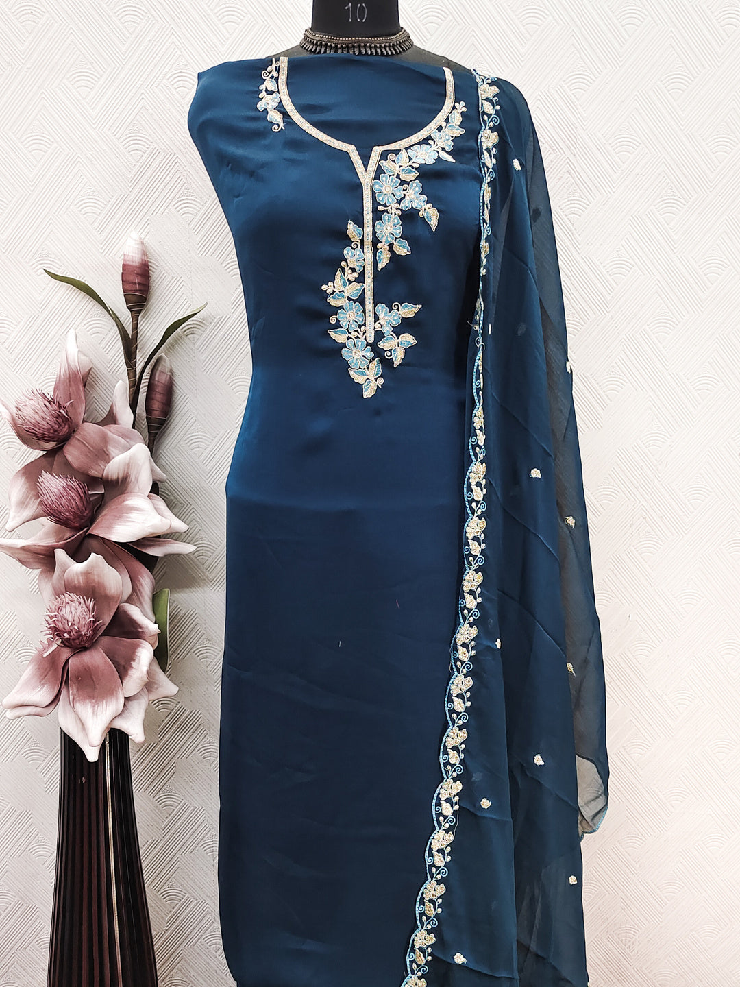 Peachmode Blue Satin Floral Embroidered Unstitched Dress Material - Image 6
