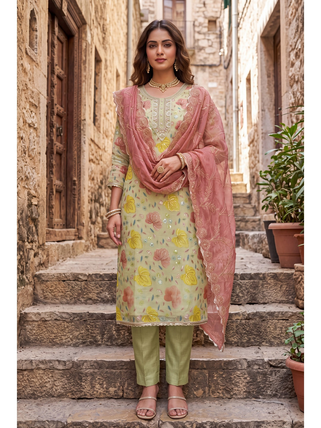 Peachmode Green Unstitched Dress Material - Image 2
