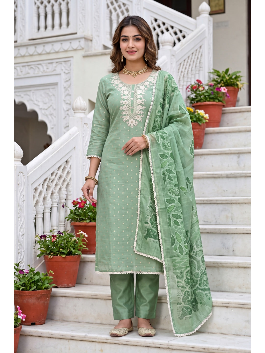 Peachmode Green Unstitched Dress Material - Image 2