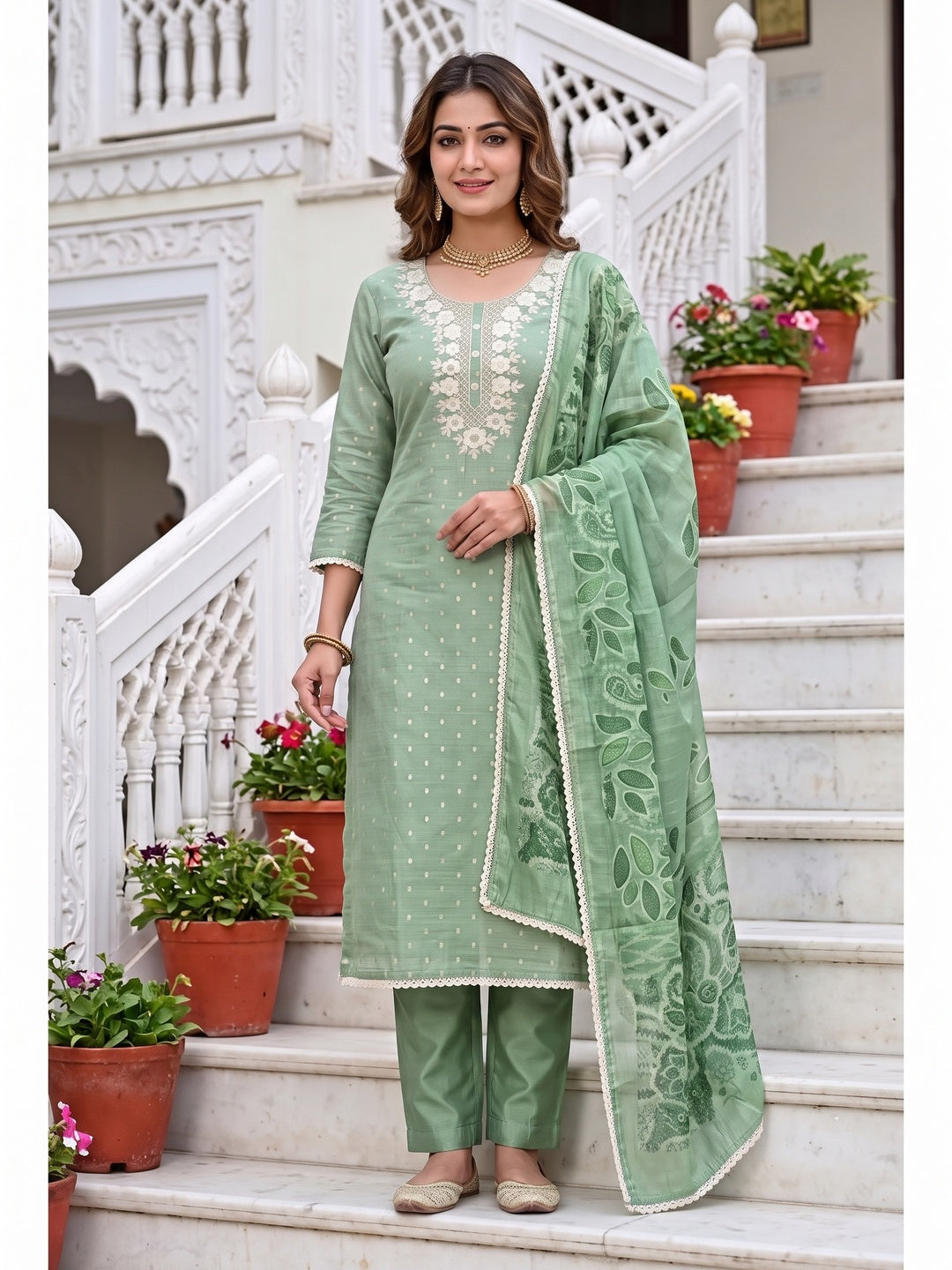 Peachmode Green Unstitched Dress Material - Image 4