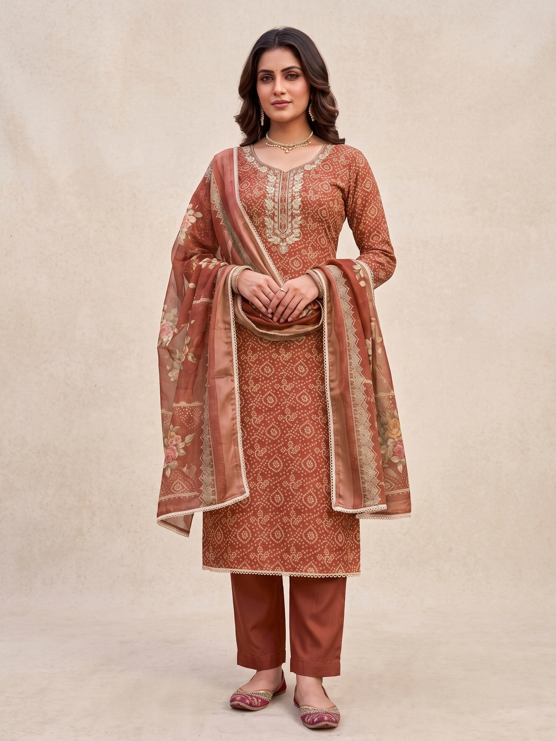 Peachmode Rust Unstitched Dress Material - Image 3