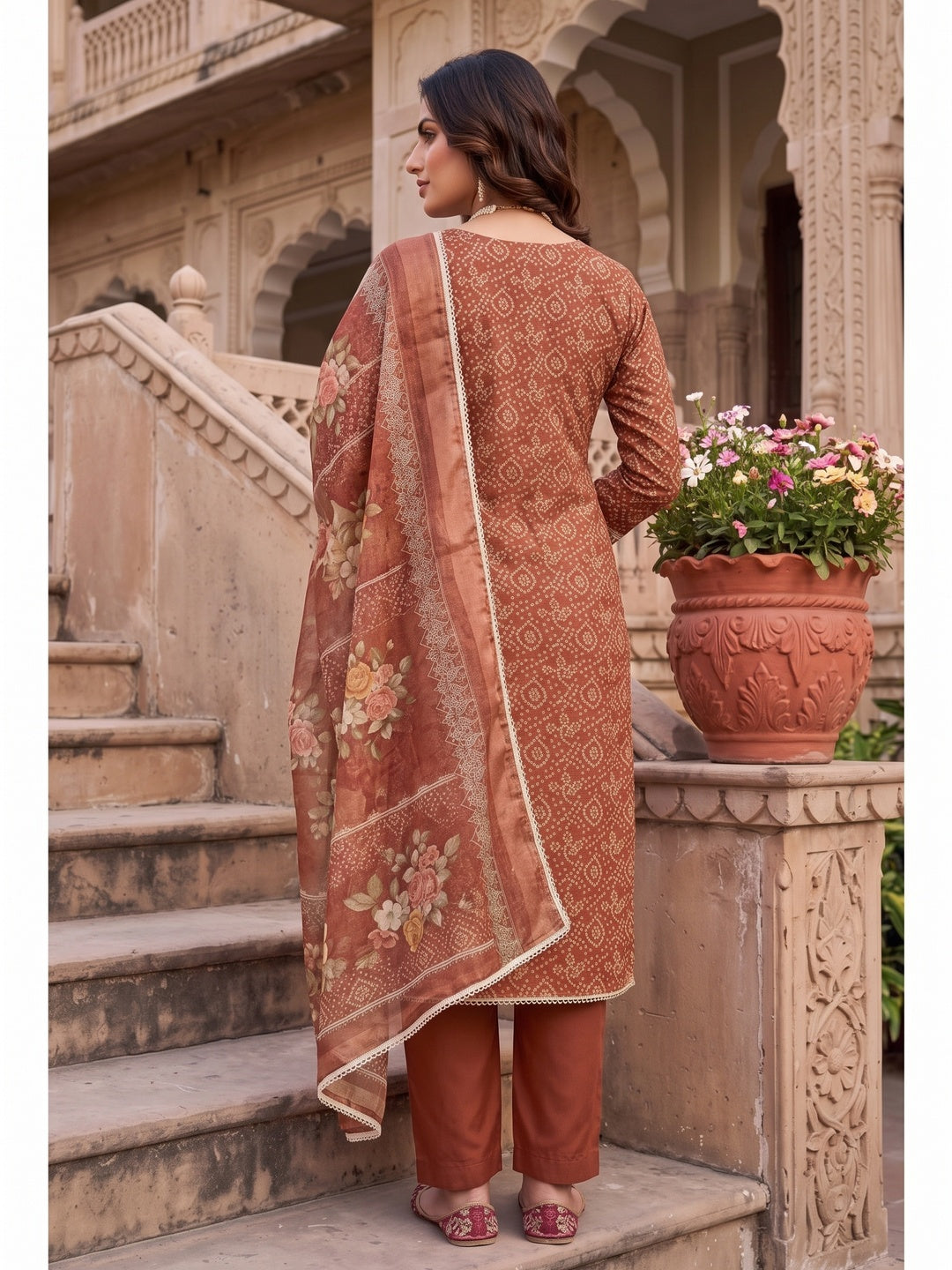 Peachmode Rust Unstitched Dress Material - Image 5