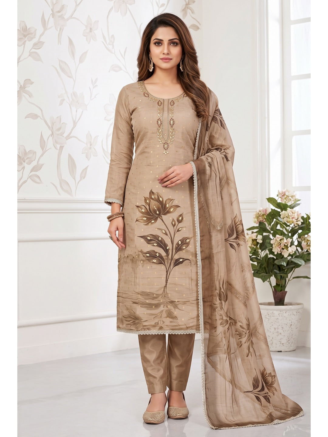 Peachmode Brown Unstitched Dress Material - Image 2