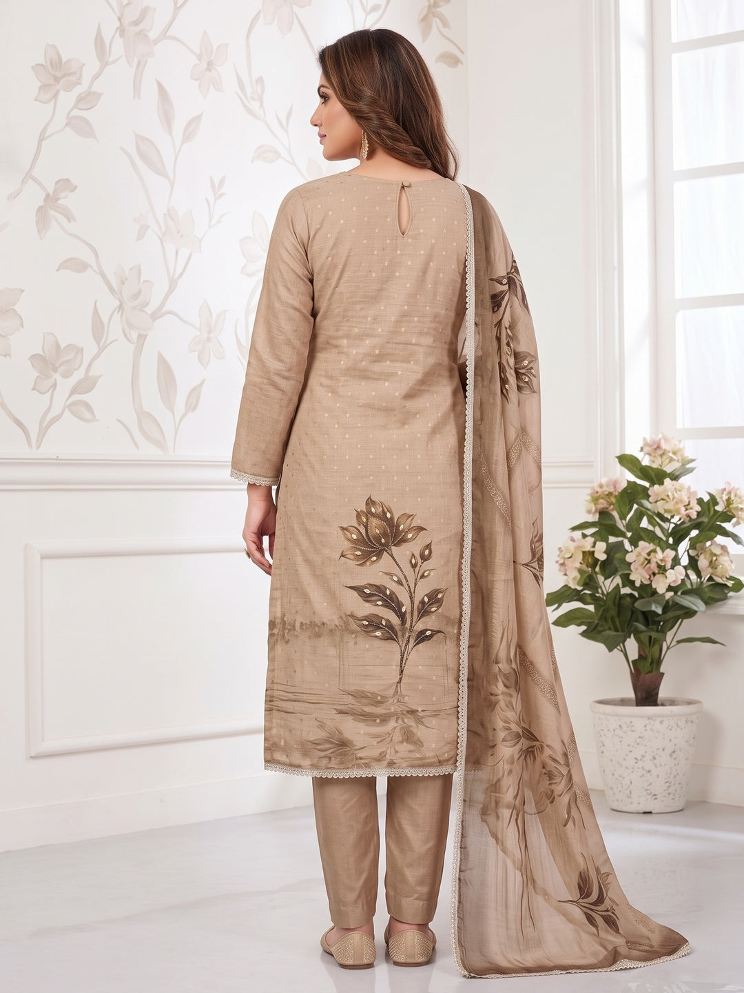Peachmode Brown Unstitched Dress Material - Image 5