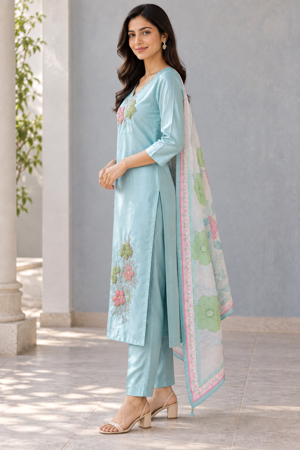 Peachmode Mint Chanderi Silk Embroidered Salwar Suit - Image 3