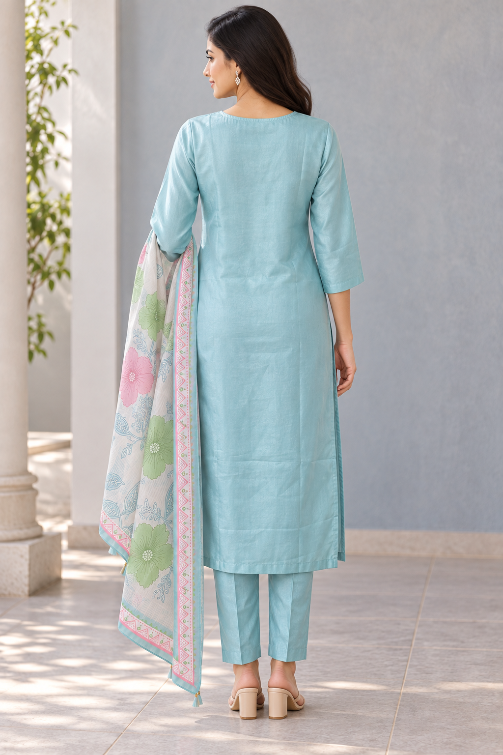 Peachmode Mint Chanderi Silk Embroidered Salwar Suit - Image 4