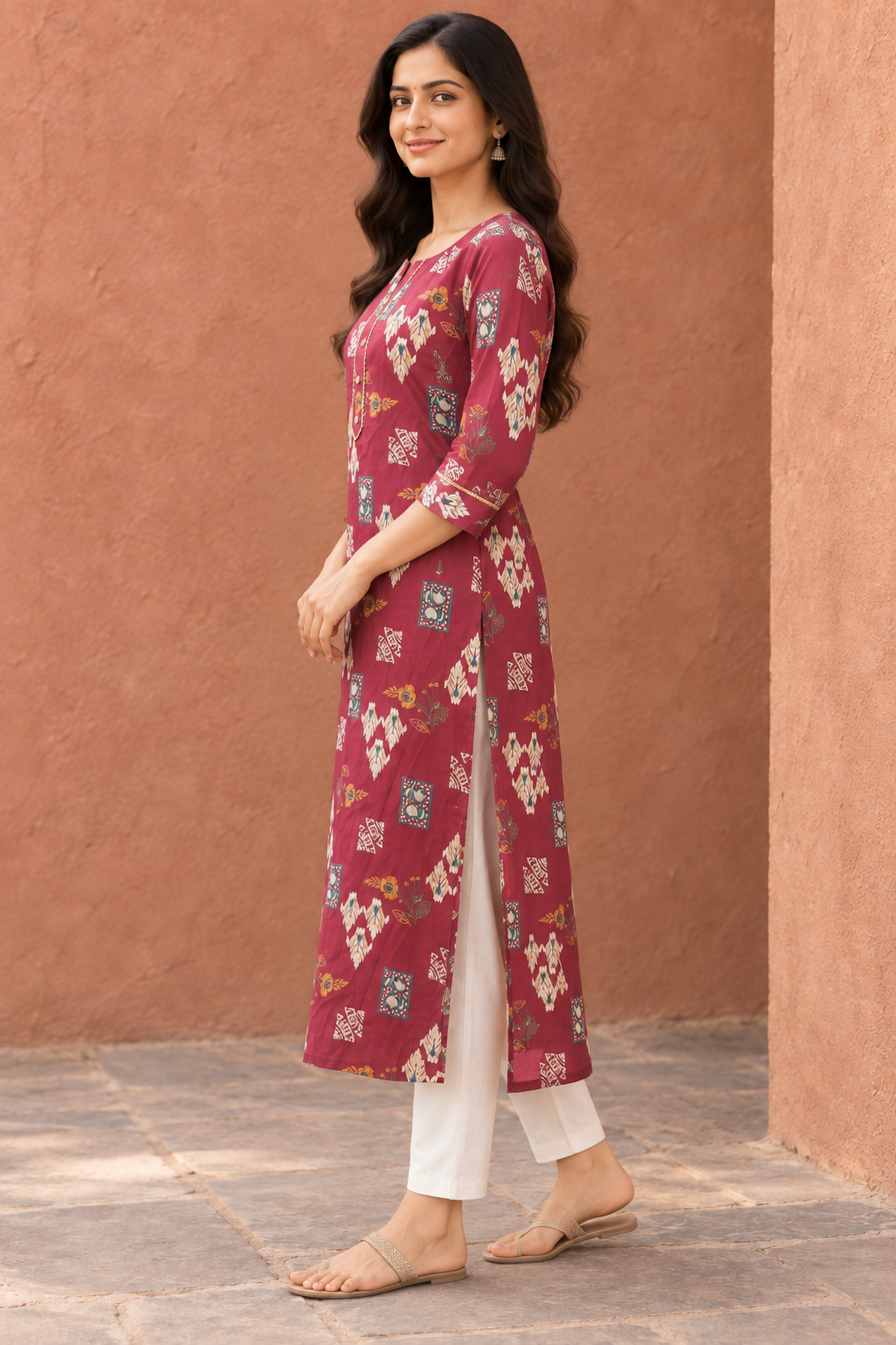 Peachmode Maroon Viscose Blend Ethnic Motif Printed Kurti - Image 3