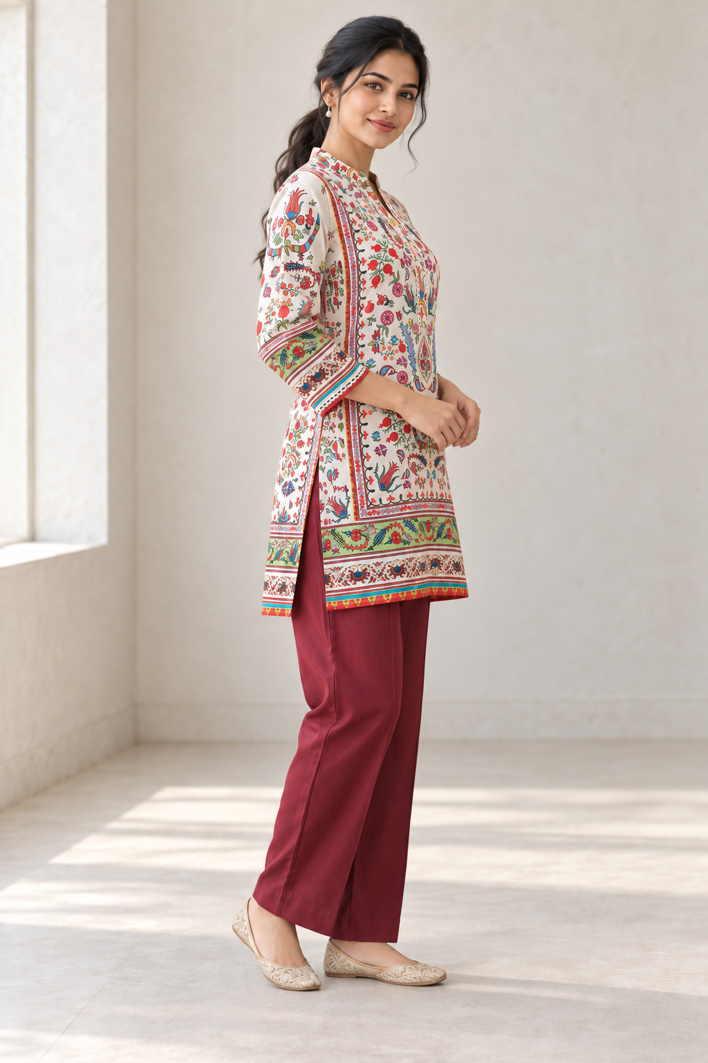 Peachmode Cream Pure Viscose Printed Co-ord Set - Image 3