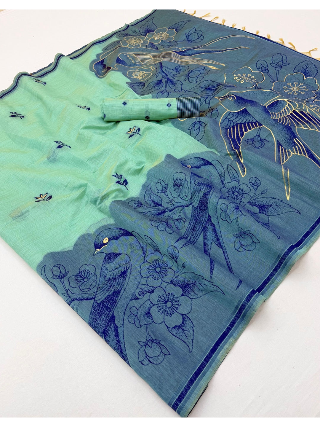 Peachmode Mint Green Jamdani Style Woven Soft Cotton Saree - Image 2