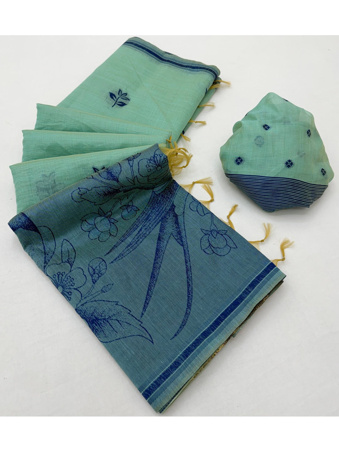 Peachmode Mint Green Jamdani Style Woven Soft Cotton Saree - Image 3