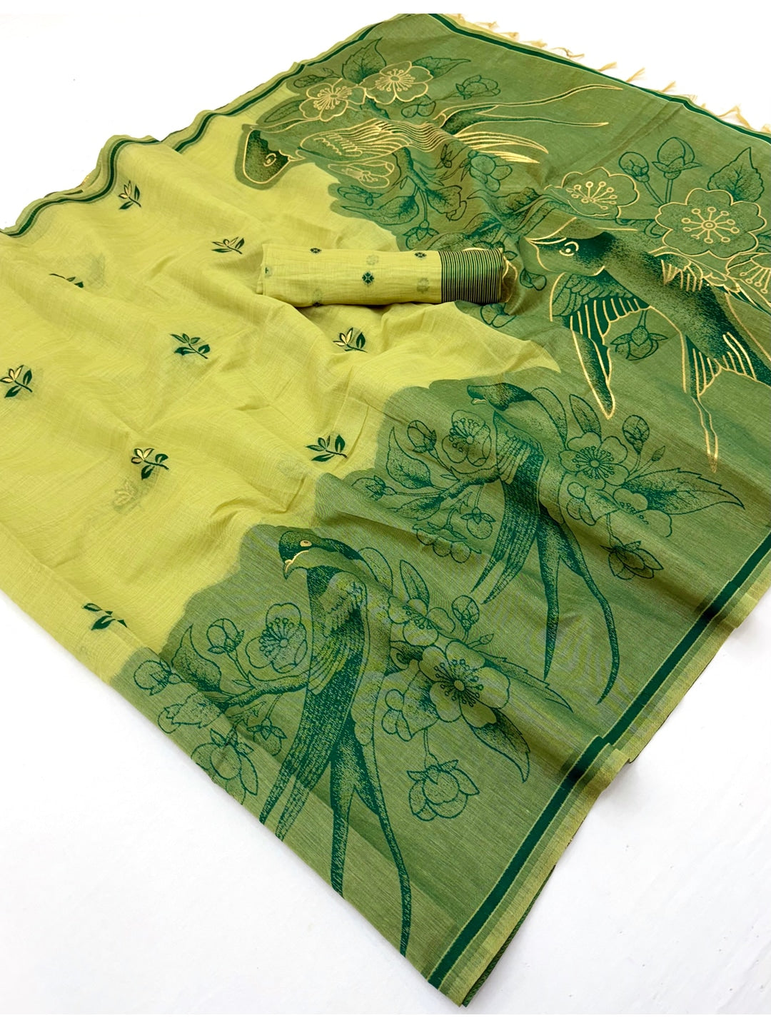 Peachmode Lime Green Jamdani Style Woven Soft Cotton Saree - Image 2