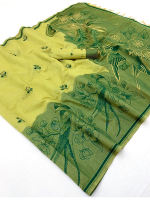 Peachmode Lime Green Jamdani Style Woven Soft Cotton Saree - Image 2