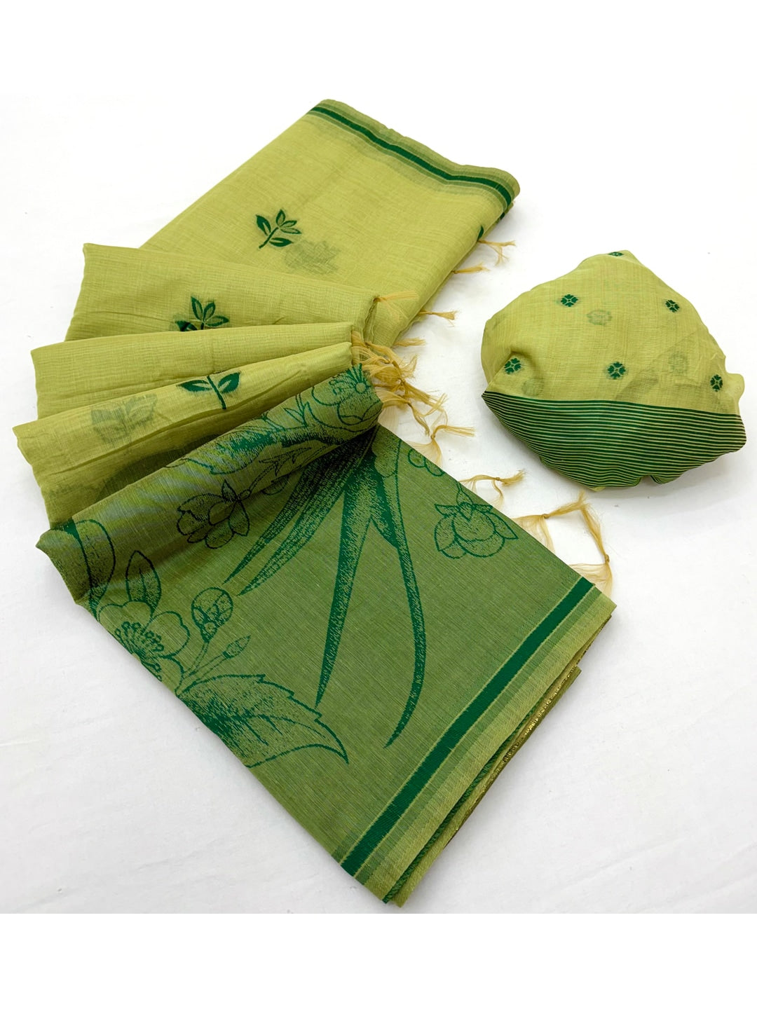Peachmode Lime Green Jamdani Style Woven Soft Cotton Saree - Image 3