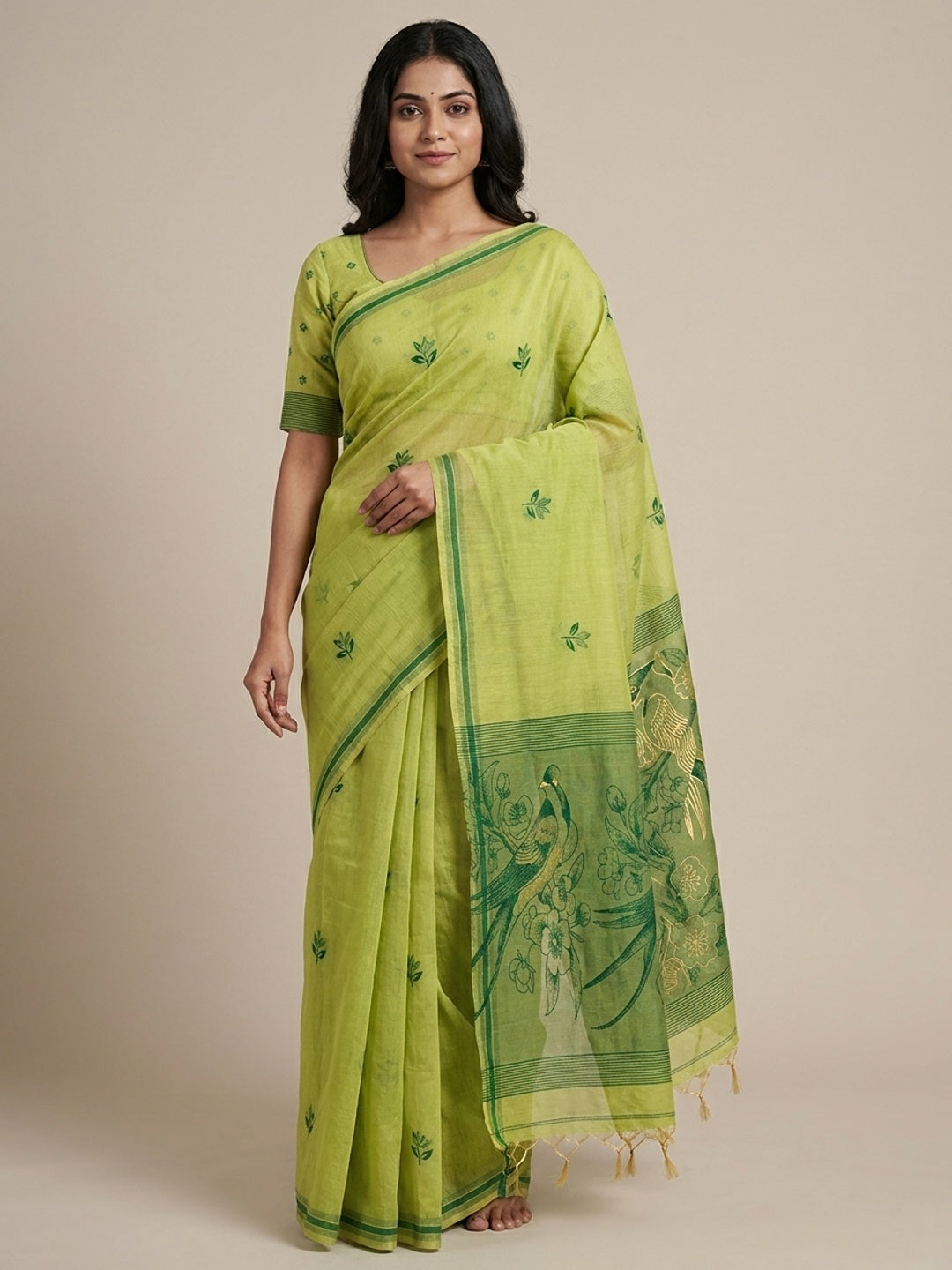 Peachmode Lime Green Jamdani Style Woven Soft Cotton Saree - Image 1