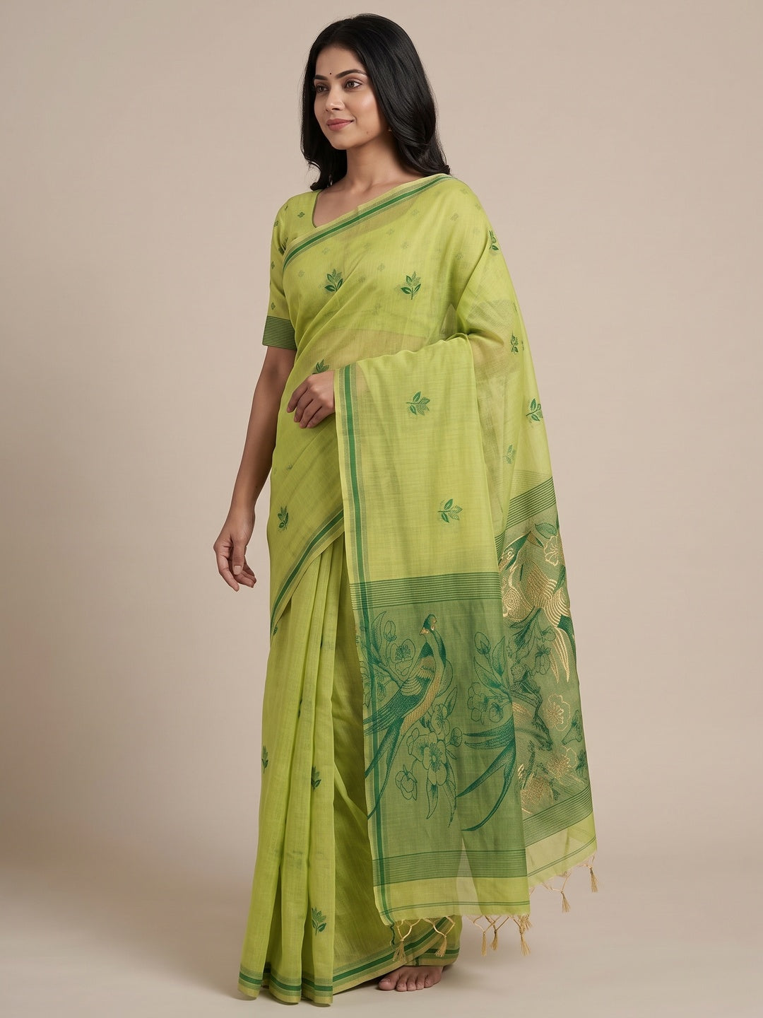 Peachmode Lime Green Jamdani Style Woven Soft Cotton Saree - Image 4