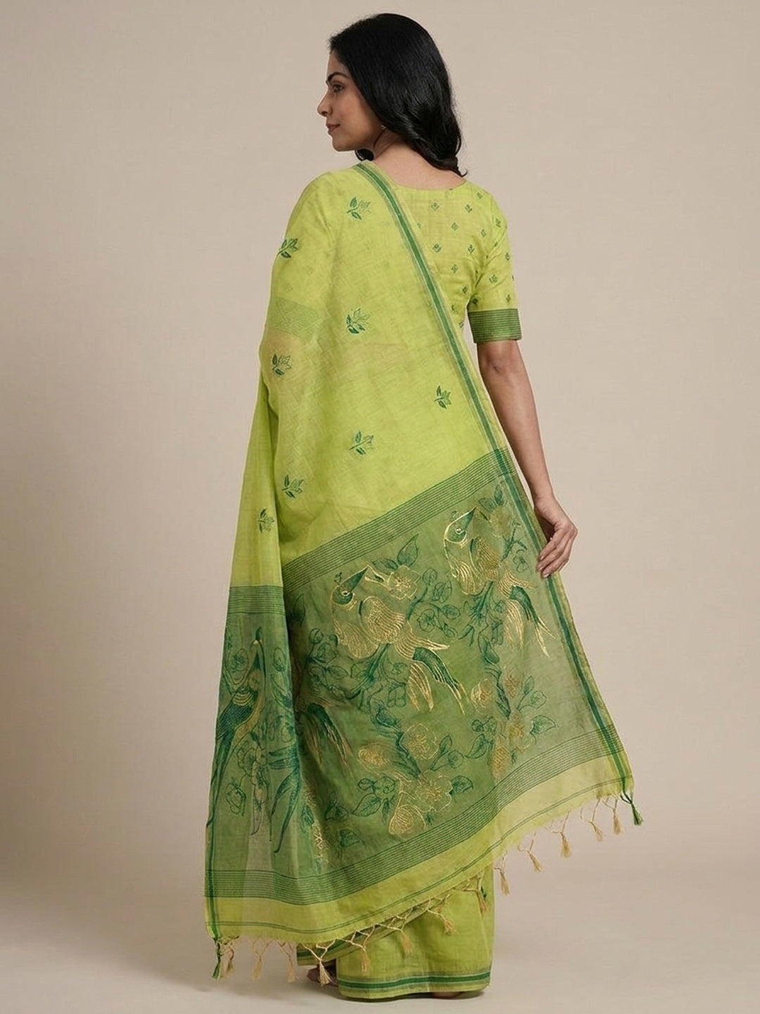Peachmode Lime Green Jamdani Style Woven Soft Cotton Saree - Image 5